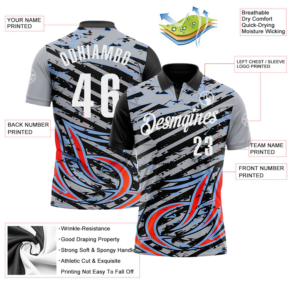 Custom Gray Black Red-Light Blue 3D Bowling Line Performance Polo Shirt view 3