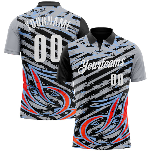 Custom Gray Black Red-Light Blue 3D Bowling Line Performance Polo Shirt - Main View