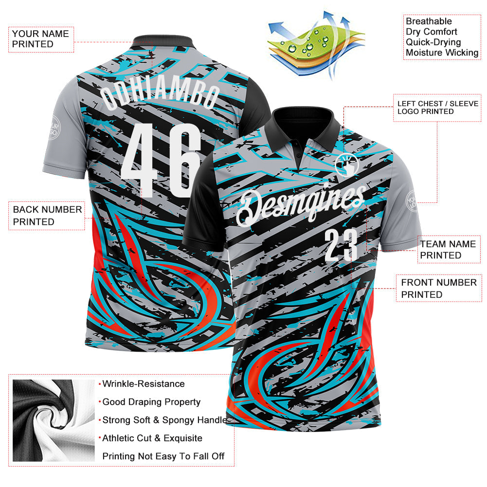 Custom Gray Black Red-Lakes Blue 3D Bowling Line Performance Polo Shirt view 3