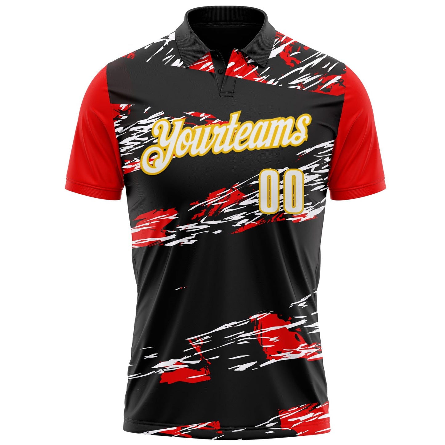 Custom Black Yellow-Red 3D Abstract Grunge Art Performance Polo Shirt view 2