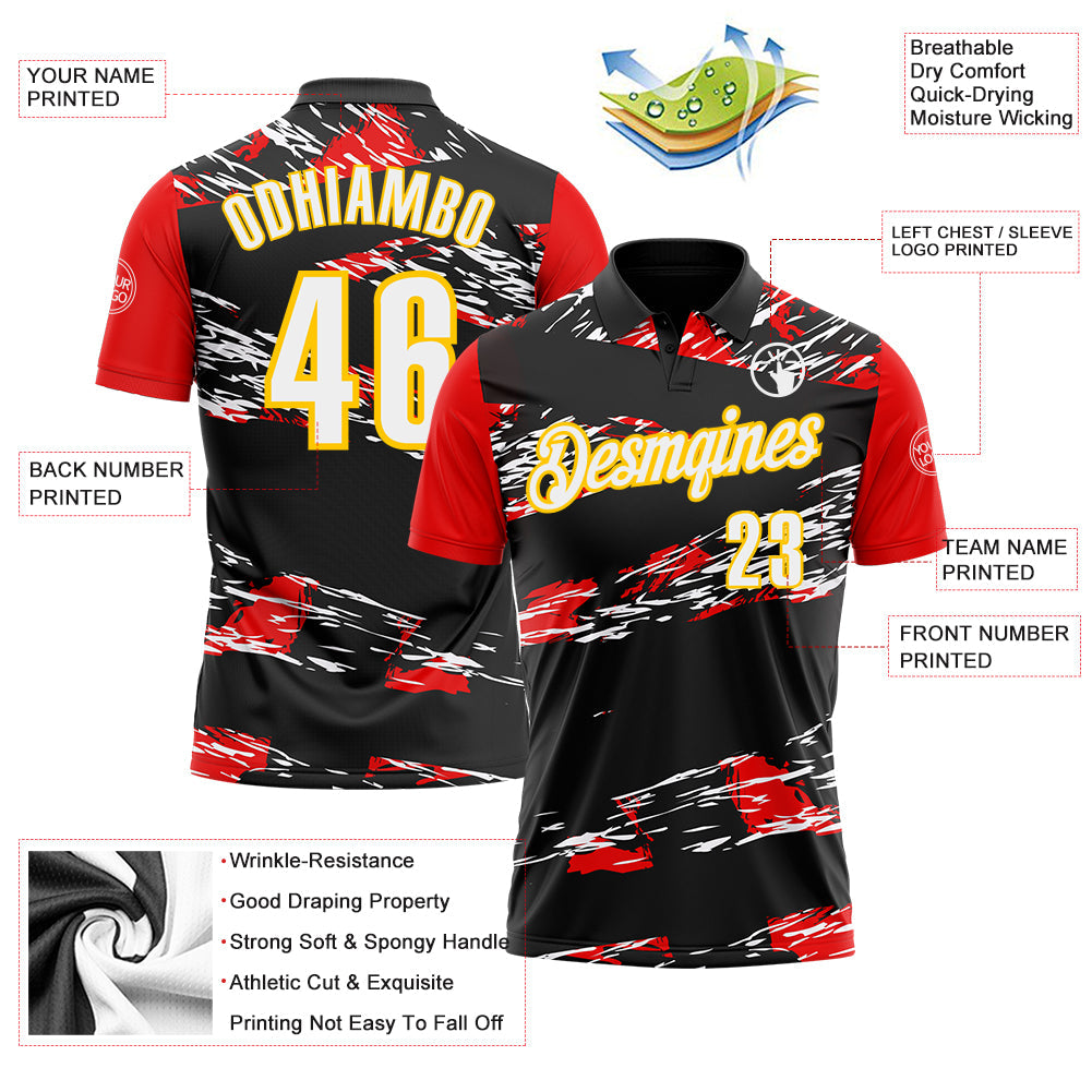 Custom Black Yellow-Red 3D Abstract Grunge Art Performance Polo Shirt view 3