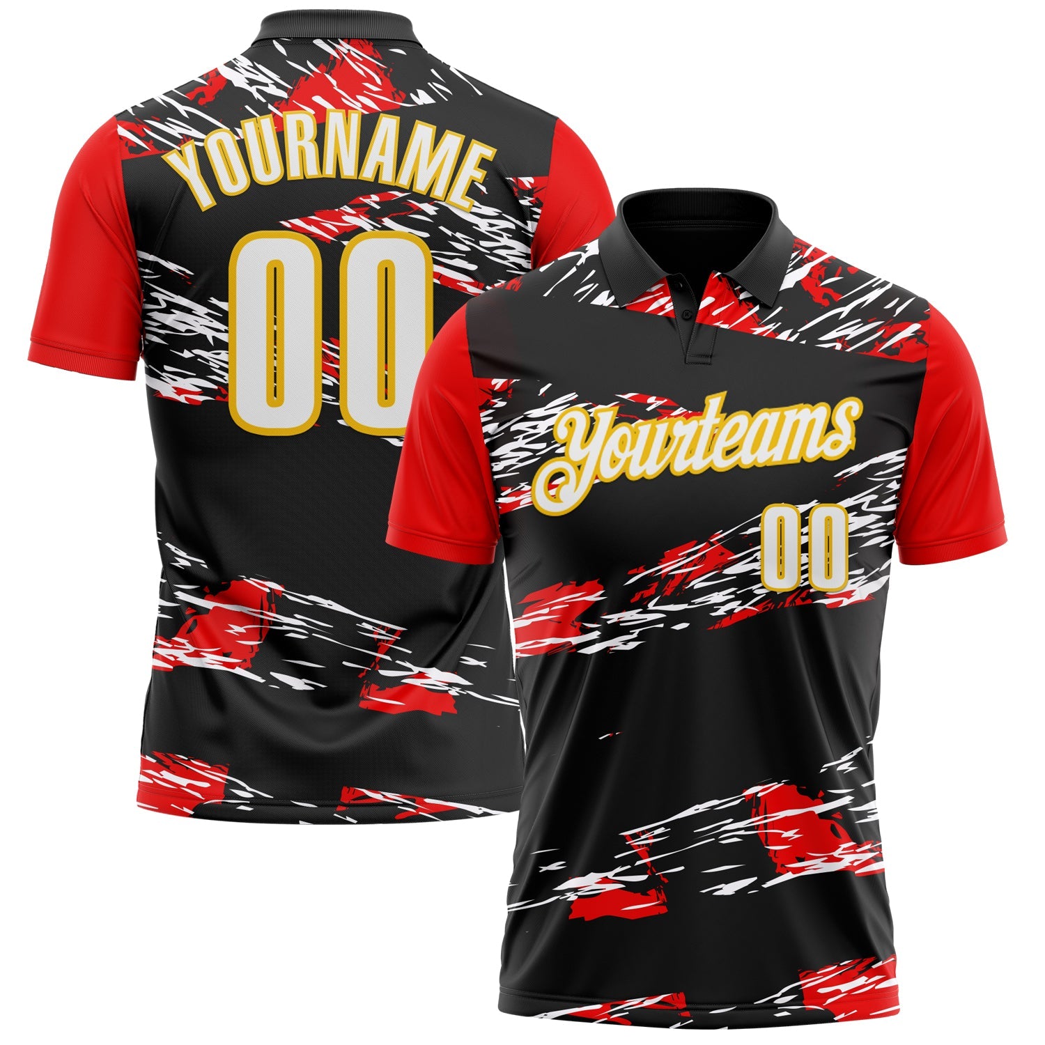 Custom Black Yellow-Red 3D Abstract Grunge Art Performance Polo Shirt - Main View