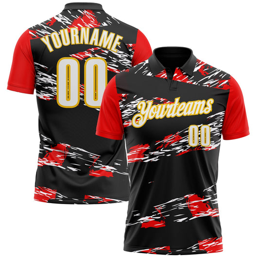 Custom Black Yellow-Red 3D Abstract Grunge Art Performance Polo Shirt - Main View