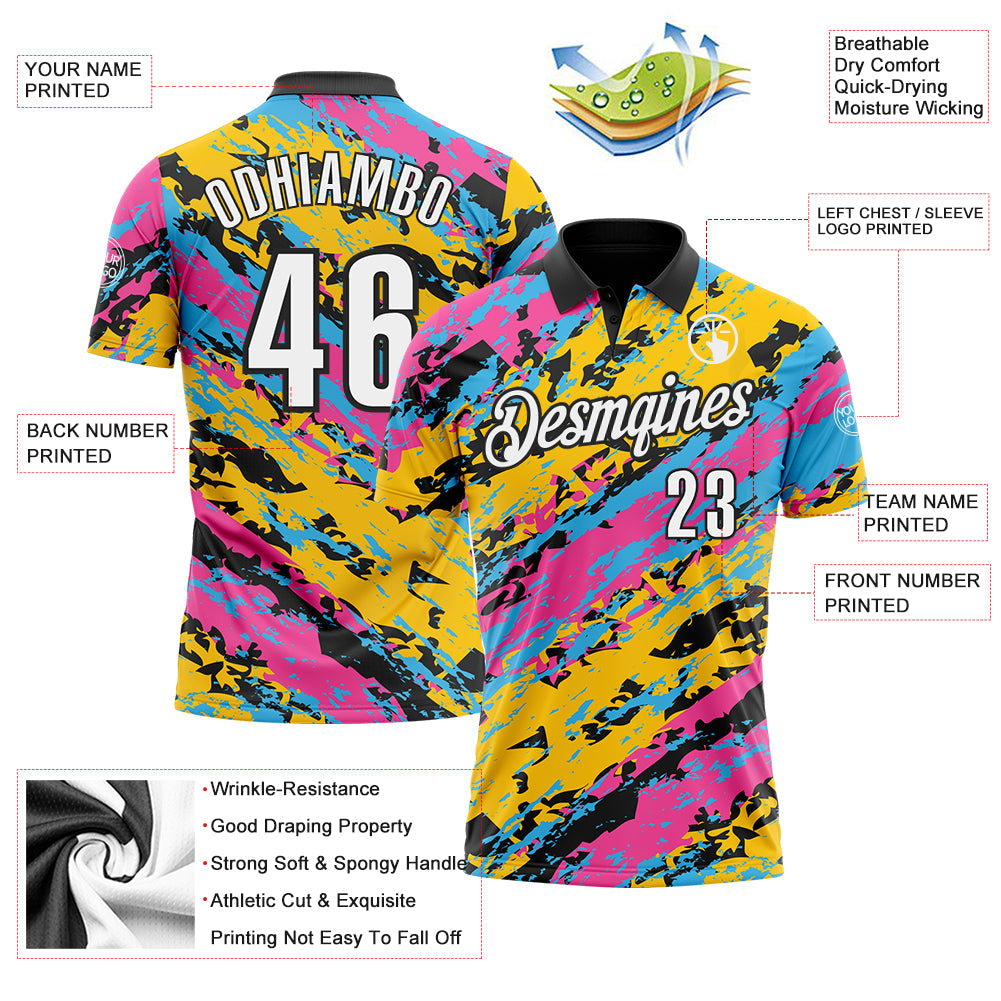 Custom Black Pink Sky Blue-Gold 3D Bowling Abstract Grunge Art Performance Polo Shirt view 3