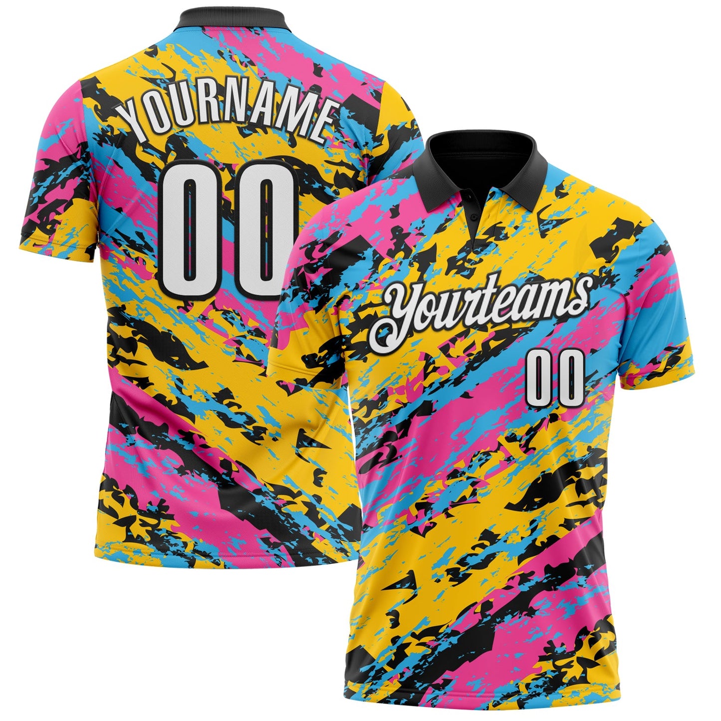 Custom Black Pink Sky Blue-Gold 3D Bowling Abstract Grunge Art Performance Polo Shirt - Main View