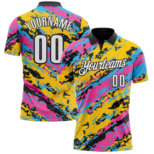 Custom Black Pink Sky Blue-Gold 3D Bowling Abstract Grunge Art Performance Polo Shirt - Main View