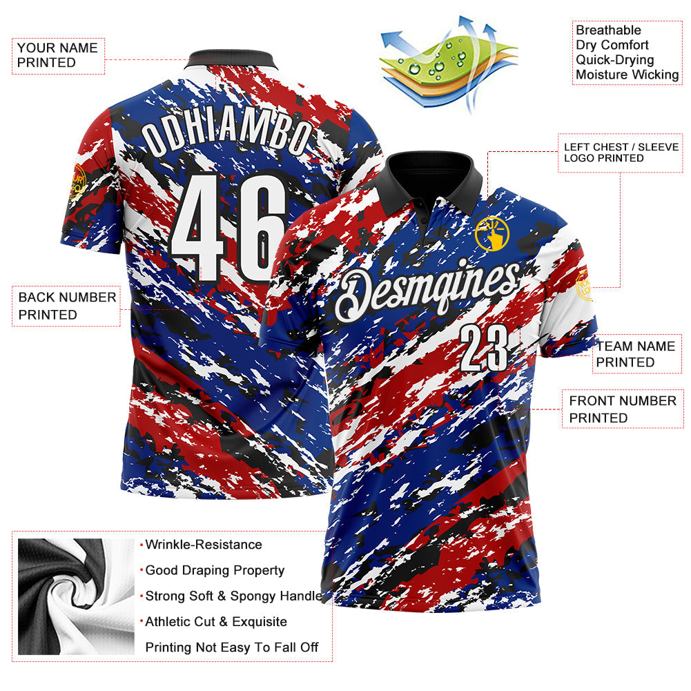 Custom Black Red-Royal 3D Bowling Abstract Grunge Art Performance Polo Shirt view 3