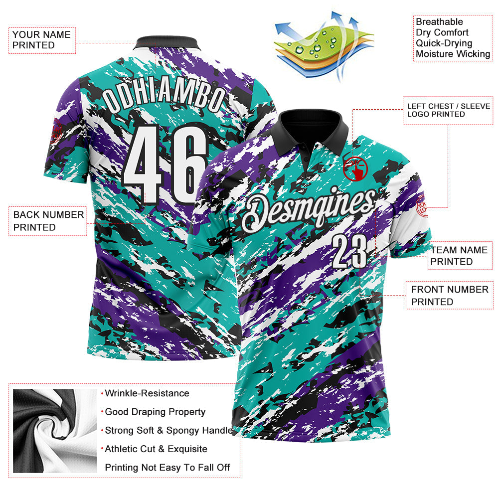 Custom Black Purple-Aqua 3D Bowling Abstract Grunge Art Performance Polo Shirt view 3