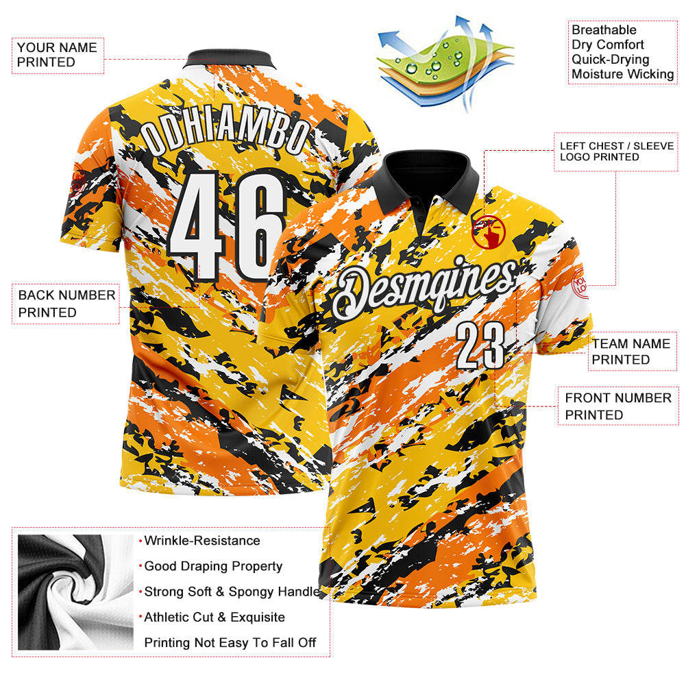 Custom Black Bay Orange-Gold 3D Bowling Abstract Grunge Art Performance Polo Shirt view 3