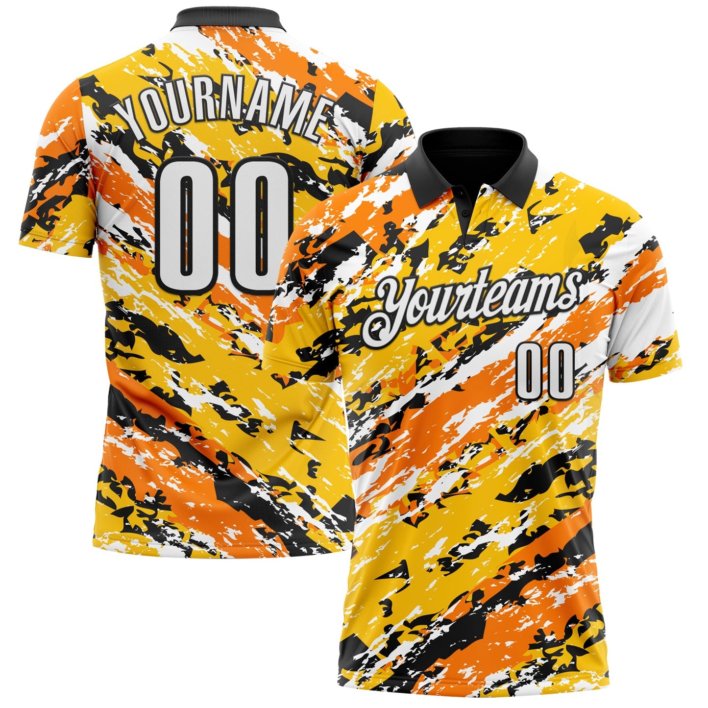 Custom Black Bay Orange-Gold 3D Bowling Abstract Grunge Art Performance Polo Shirt - Main View