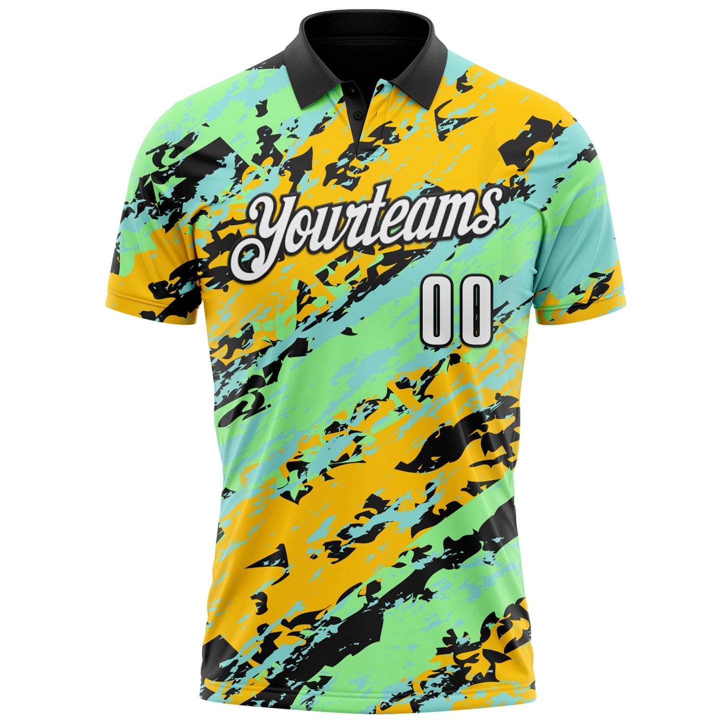 Custom Black Pea Green Ice Blue-Gold 3D Bowling Abstract Grunge Art Performance Polo Shirt view 2