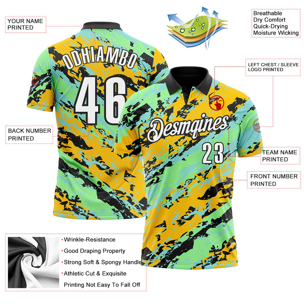 Custom Black Pea Green Ice Blue-Gold 3D Bowling Abstract Grunge Art Performance Polo Shirt view 3