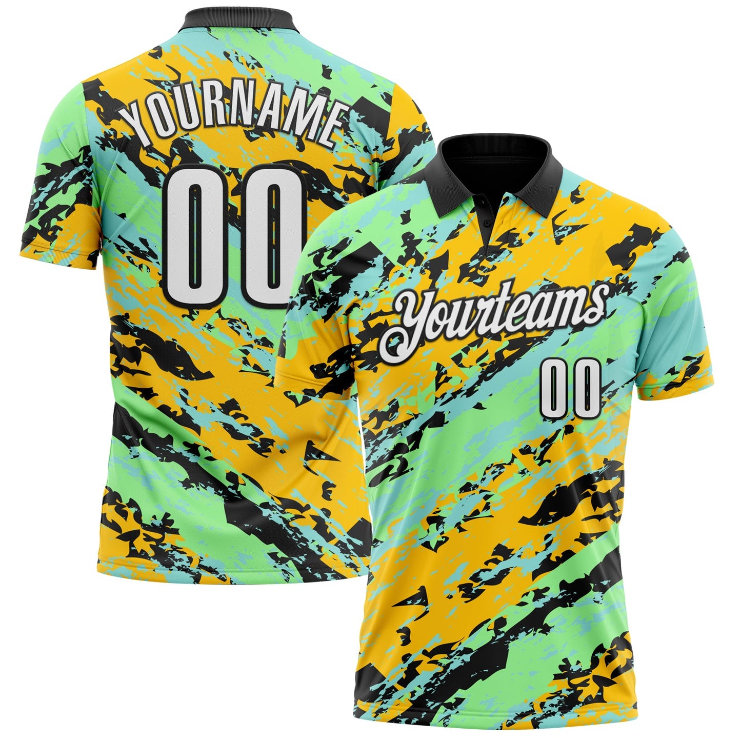 Custom Black Pea Green Ice Blue-Gold 3D Bowling Abstract Grunge Art Performance Polo Shirt - Main View