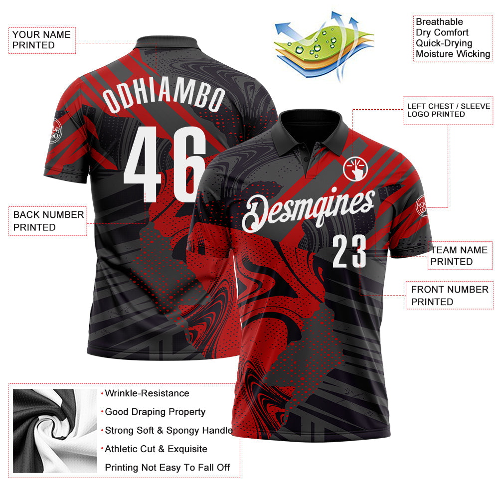 Custom Black White-Red 3D Bowling Abstract Grunge Art Performance Polo Shirt view 3
