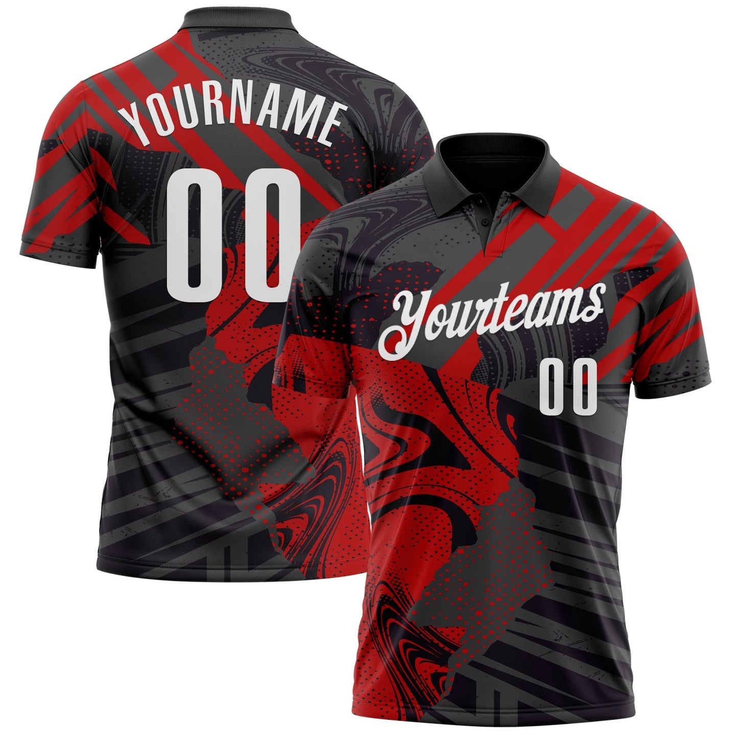 Custom Black White-Red 3D Bowling Abstract Grunge Art Performance Polo Shirt - Main View