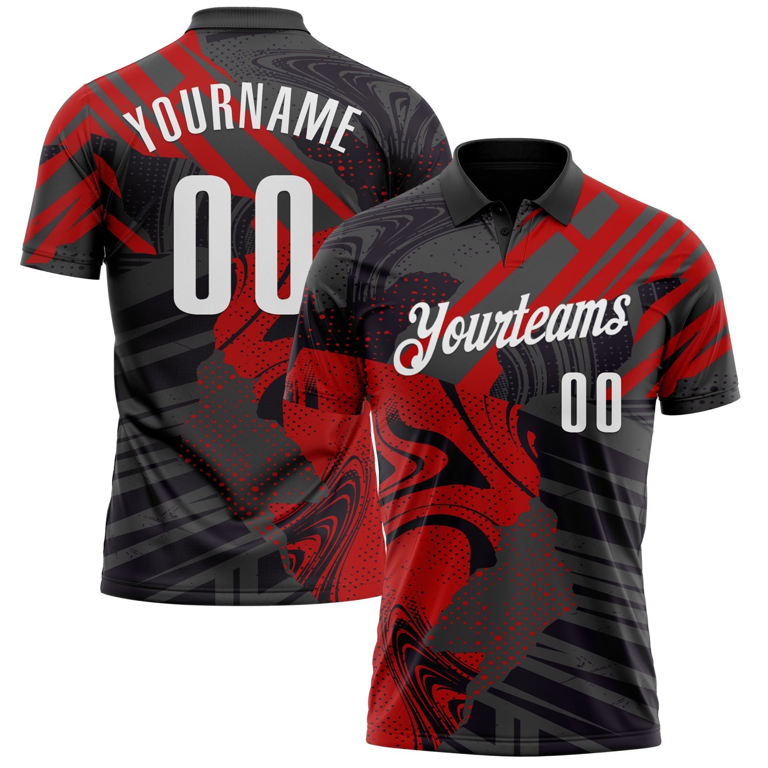Custom Black White-Red 3D Bowling Abstract Grunge Art Performance Polo Shirt - Main View