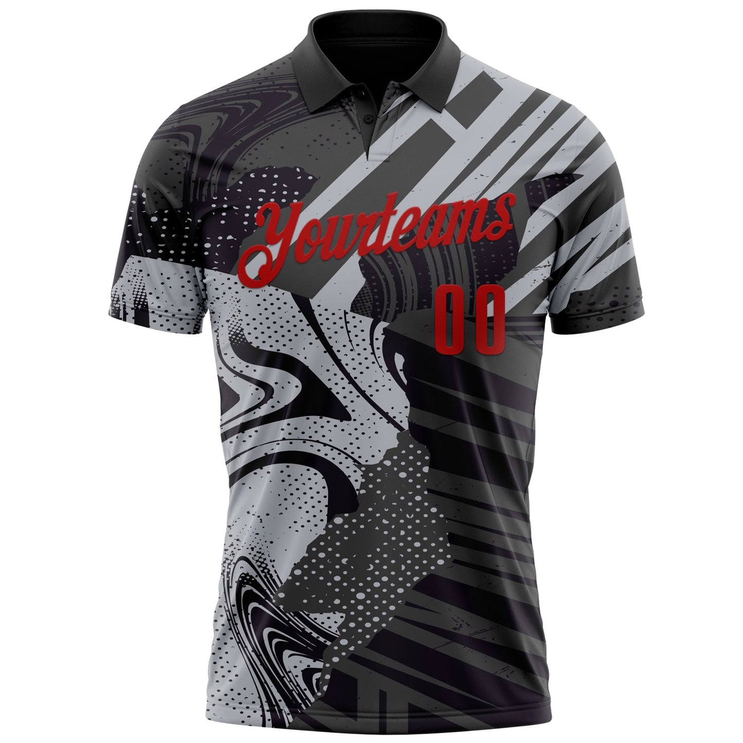 Custom Black Red-Gray 3D Bowling Abstract Grunge Art Performance Polo Shirt view 2