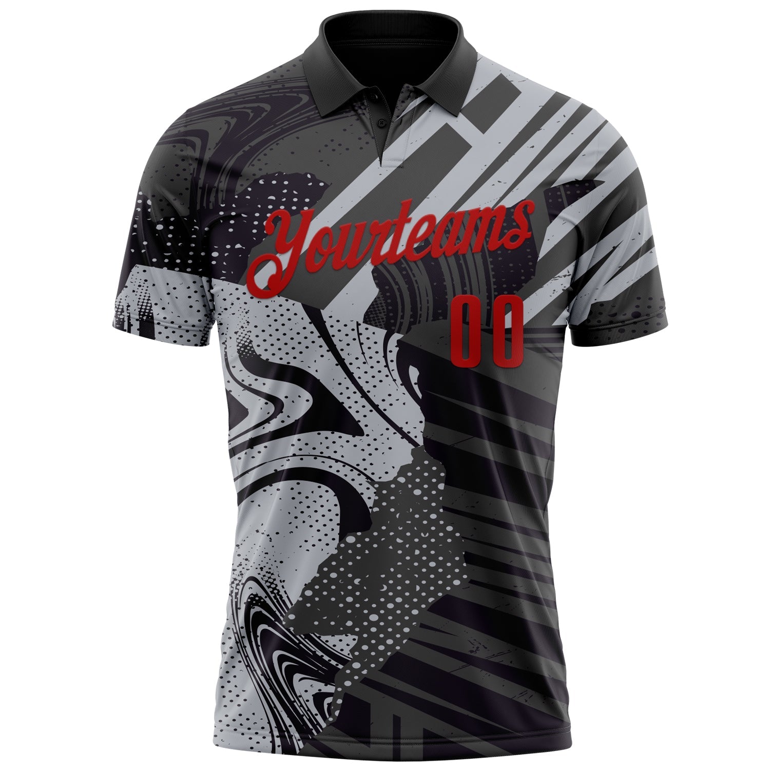 Custom Black Red-Gray 3D Bowling Abstract Grunge Art Performance Polo Shirt view 2