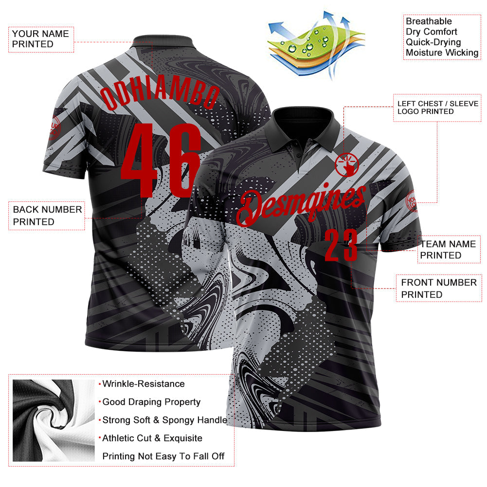 Custom Black Red-Gray 3D Bowling Abstract Grunge Art Performance Polo Shirt view 3