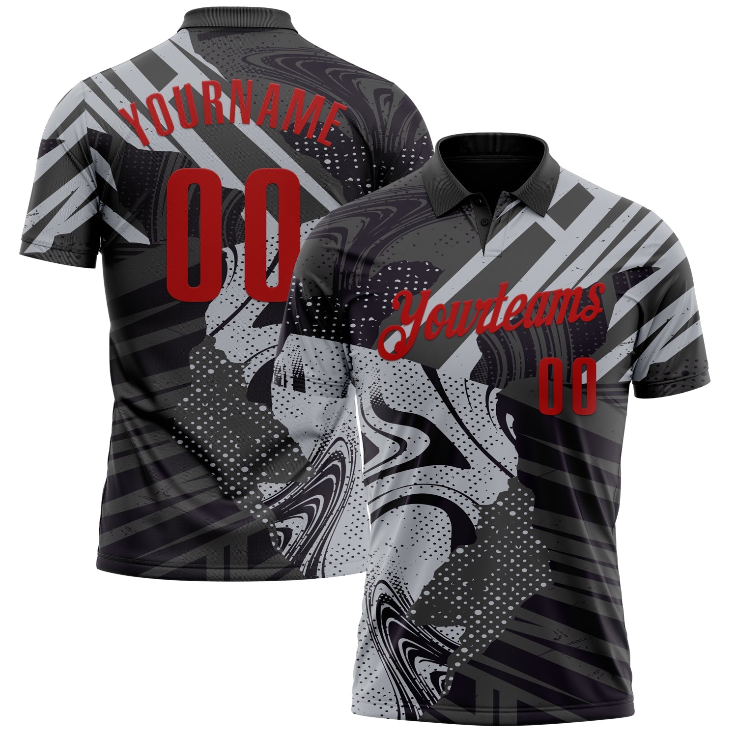 Custom Black Red-Gray 3D Bowling Abstract Grunge Art Performance Polo Shirt - Main View
