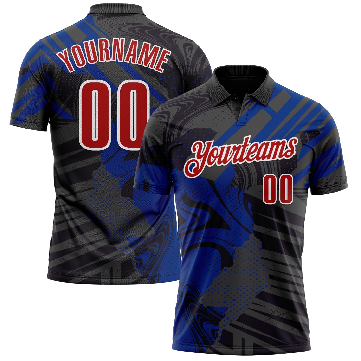 Custom Black Red-Royal 3D Bowling Abstract Grunge Art Performance Polo Shirt - Main View