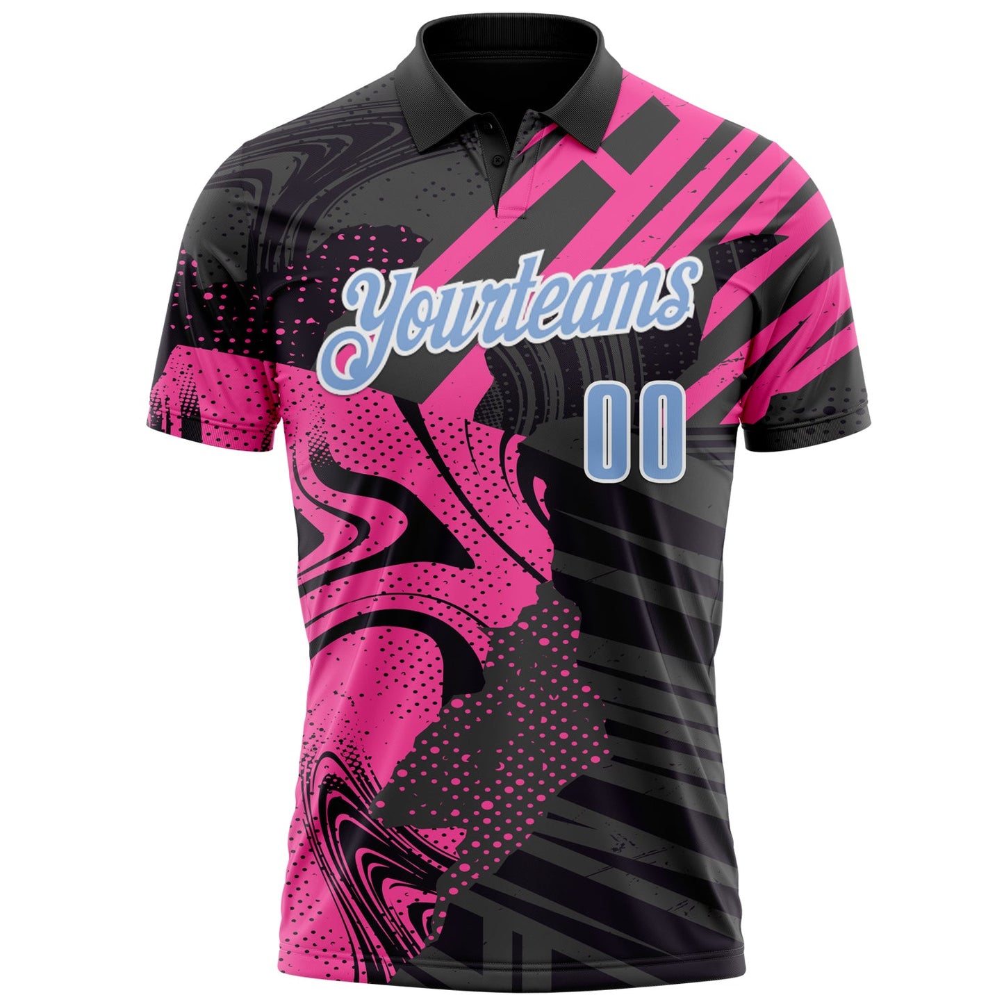 Custom Black Light Blue-Pink 3D Bowling Abstract Grunge Art Performance Polo Shirt view 2