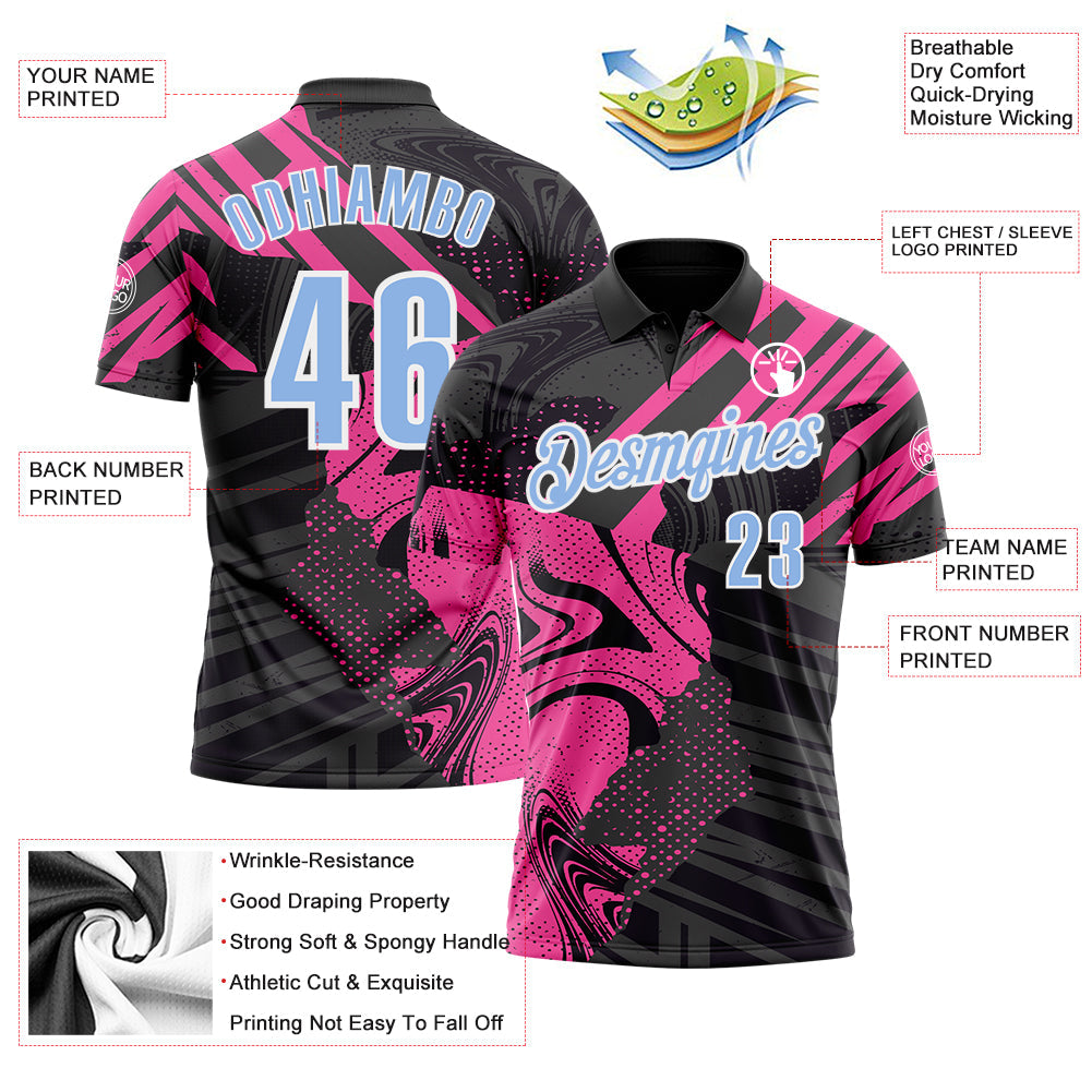 Custom Black Light Blue-Pink 3D Bowling Abstract Grunge Art Performance Polo Shirt view 3