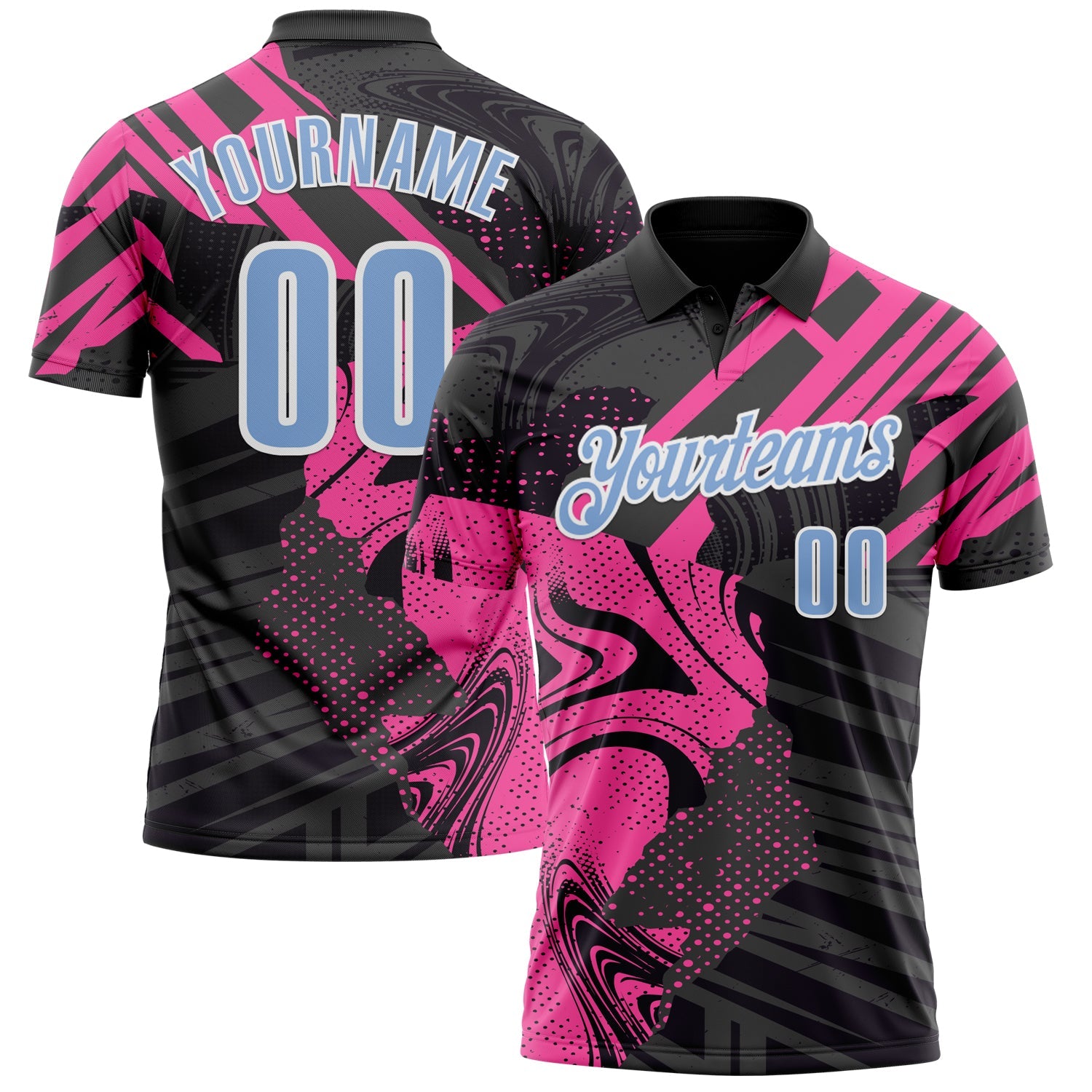 Custom Black Light Blue-Pink 3D Bowling Abstract Grunge Art Performance Polo Shirt - Main View