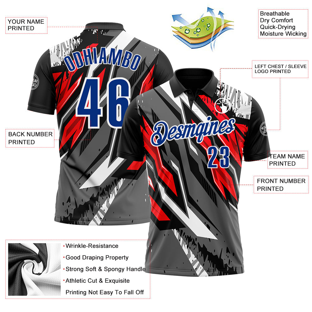 Custom Black Royal Gray-Red 3D Bowling Abstract Grunge Art Performance Polo Shirt view 3