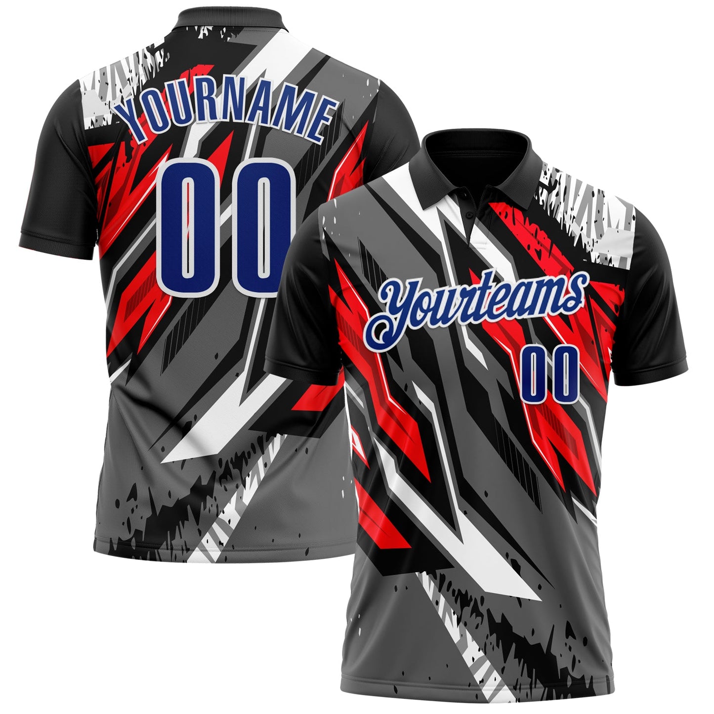 Custom Black Royal Gray-Red 3D Bowling Abstract Grunge Art Performance Polo Shirt - Main View