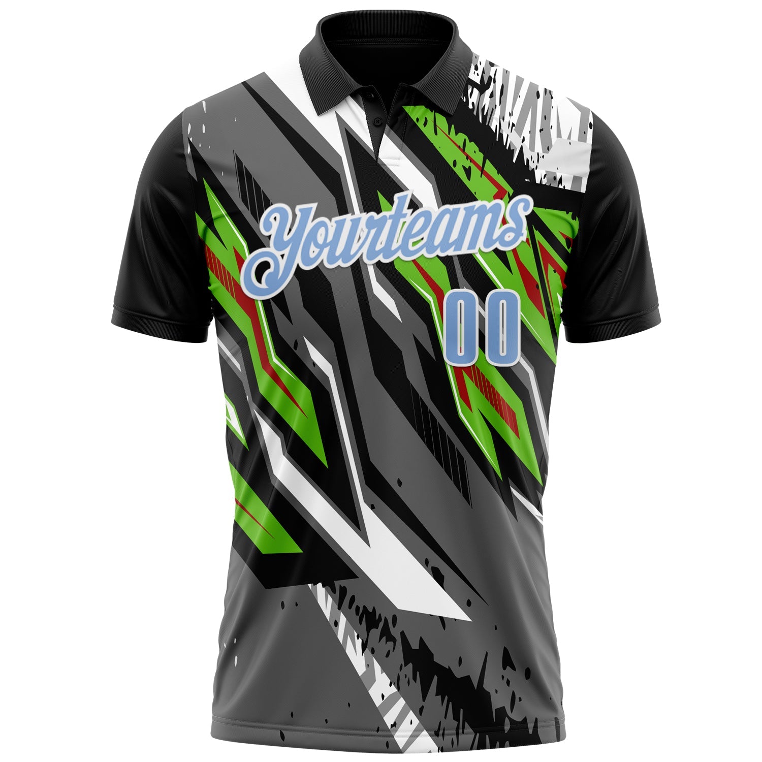 Custom Black Light Blue Gray Neon Green-Red 3D Bowling Abstract Grunge Art Performance Polo Shirt view 2