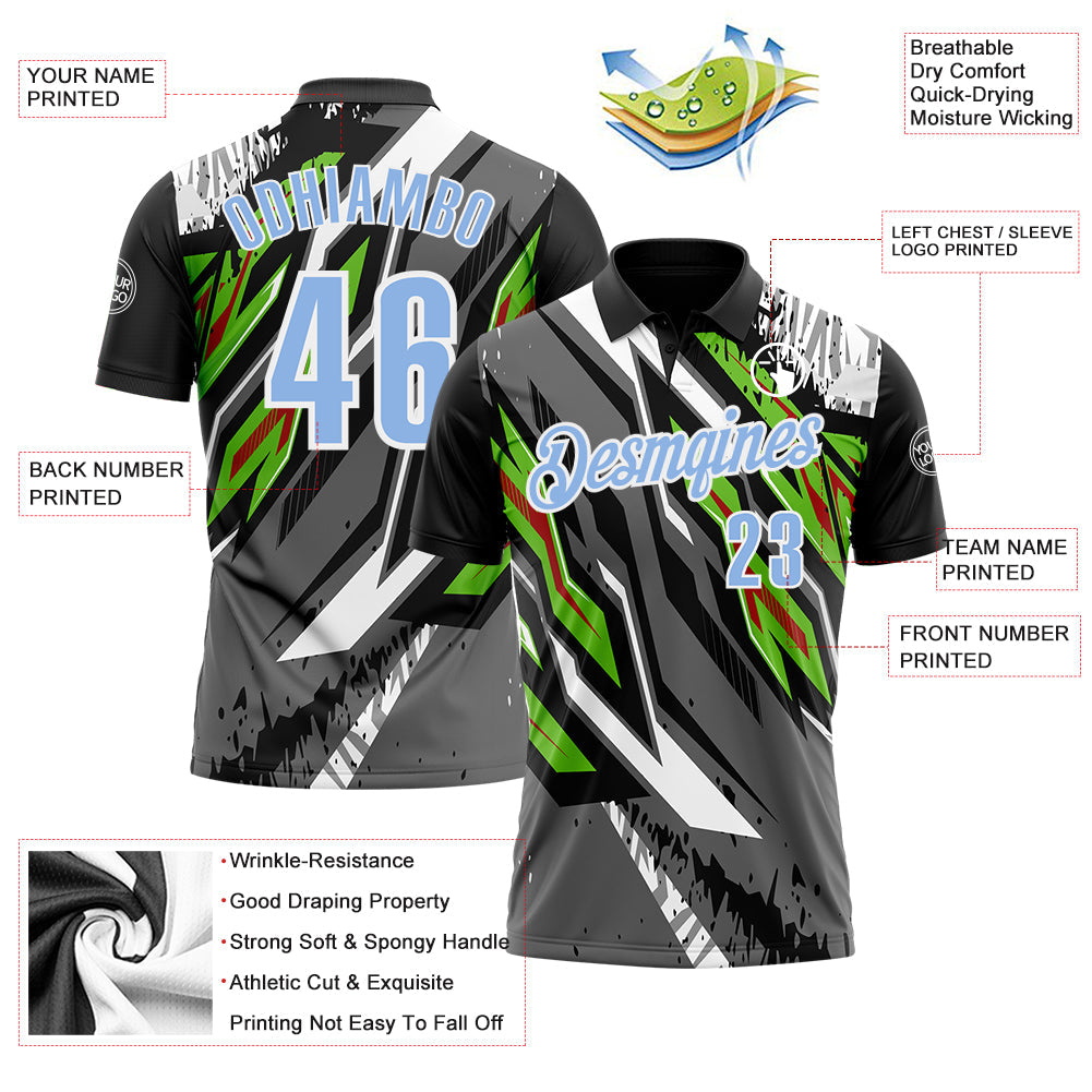 Custom Black Light Blue Gray Neon Green-Red 3D Bowling Abstract Grunge Art Performance Polo Shirt view 3
