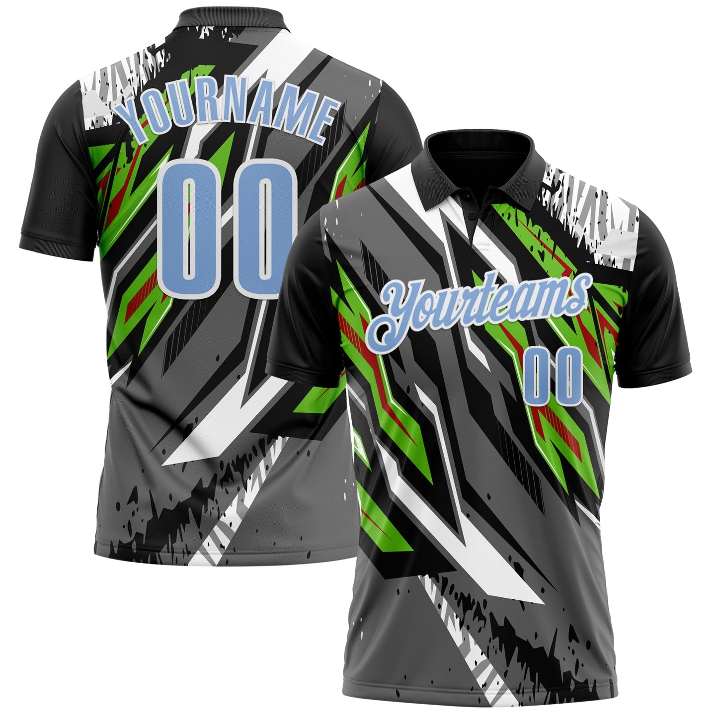 Custom Black Light Blue Gray Neon Green-Red 3D Bowling Abstract Grunge Art Performance Polo Shirt - Main View