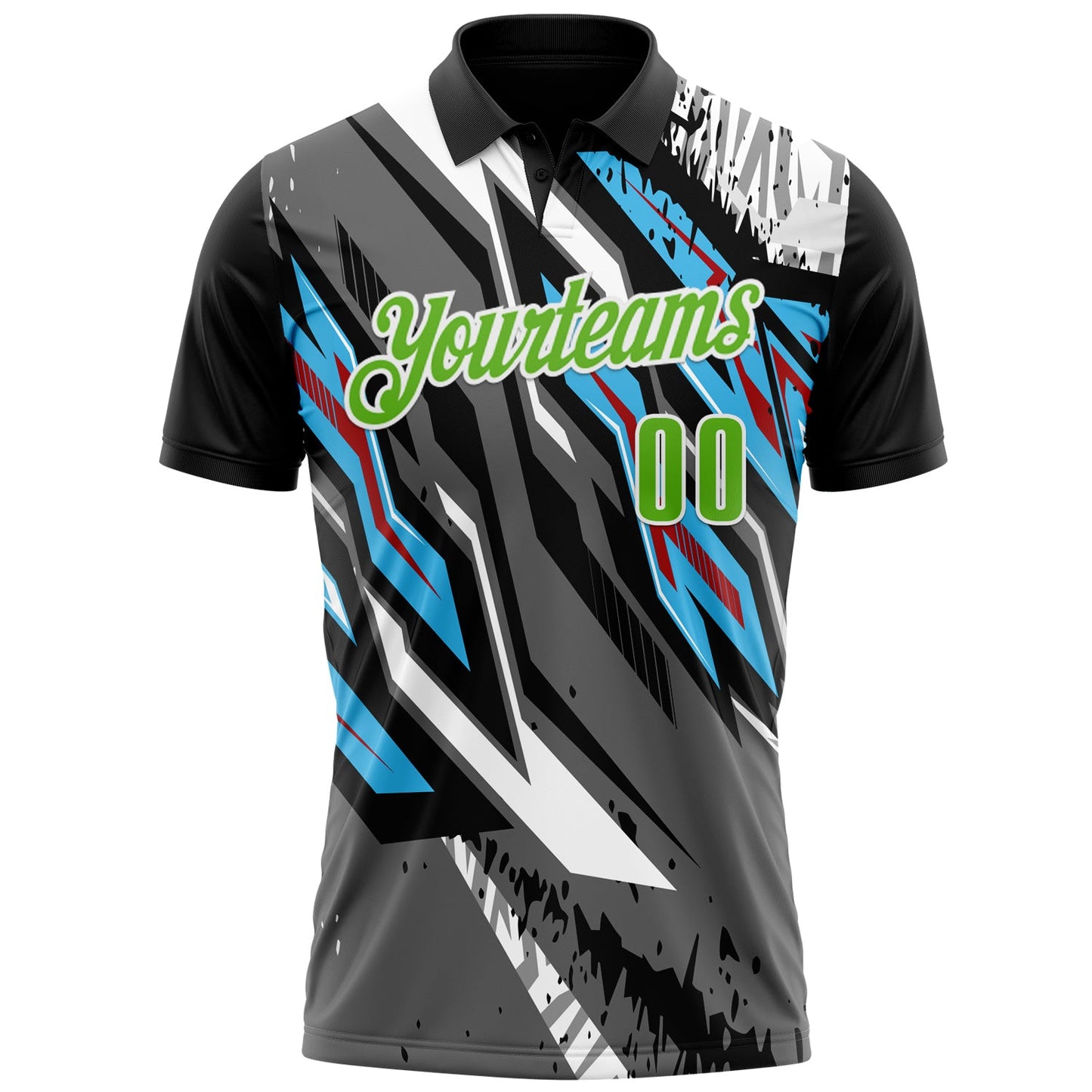 Custom Black Aurora Green Gray Sky Blue-Red 3D Bowling Abstract Grunge Art Performance Polo Shirt view 2
