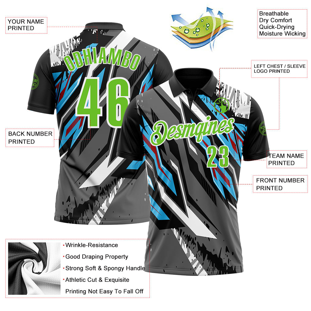 Custom Black Aurora Green Gray Sky Blue-Red 3D Bowling Abstract Grunge Art Performance Polo Shirt view 3