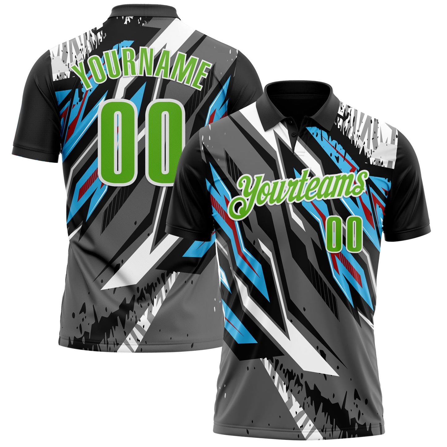 Custom Black Aurora Green Gray Sky Blue-Red 3D Bowling Abstract Grunge Art Performance Polo Shirt - Main View