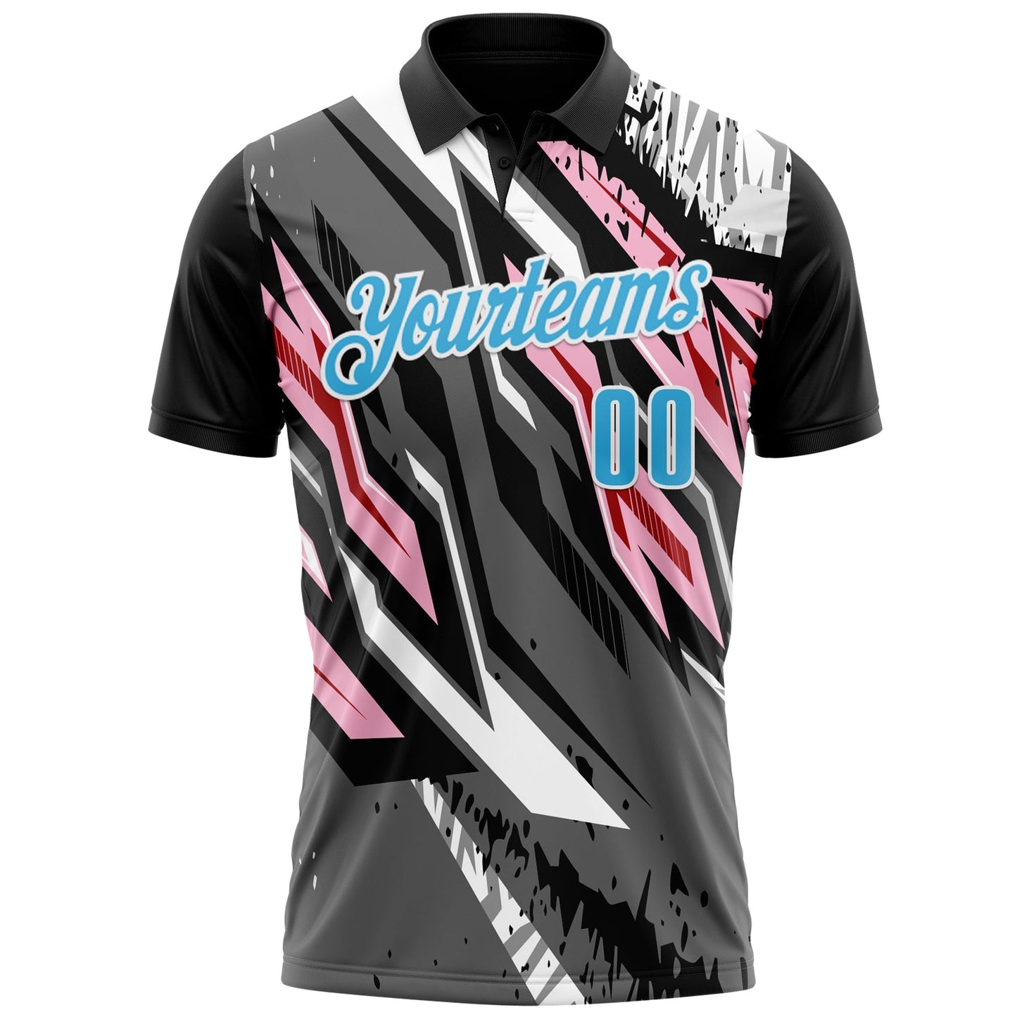 Custom Black Sky Blue Gray Light Pink-Red 3D Bowling Abstract Grunge Art Performance Polo Shirt view 2