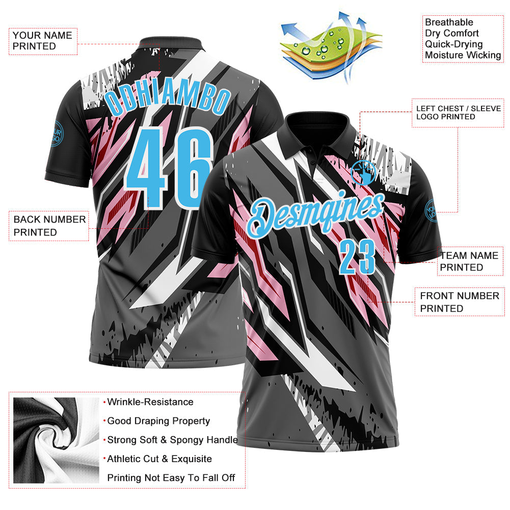 Custom Black Sky Blue Gray Light Pink-Red 3D Bowling Abstract Grunge Art Performance Polo Shirt view 3