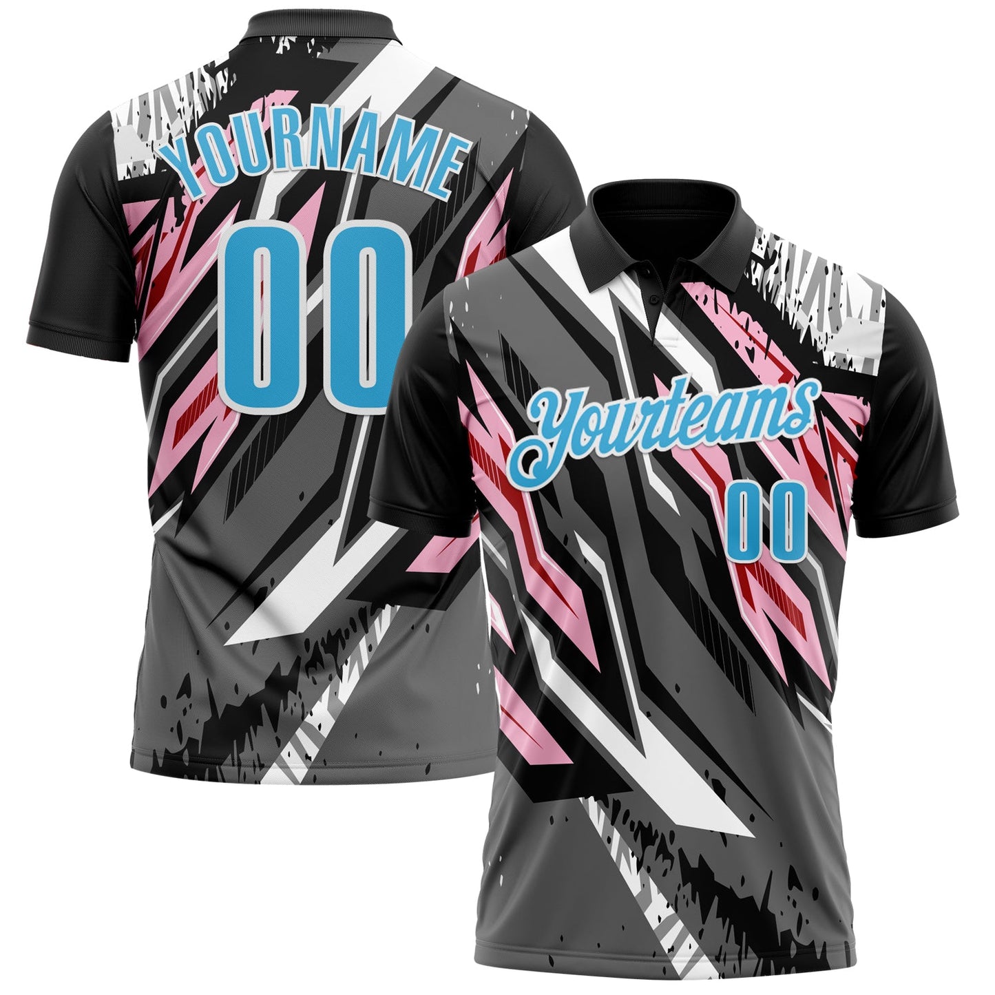 Custom Black Sky Blue Gray Light Pink-Red 3D Bowling Abstract Grunge Art Performance Polo Shirt - Main View