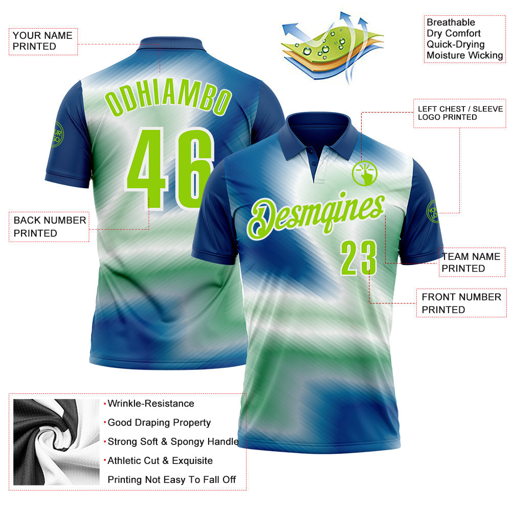 Custom Shadow Blue Neon Green-White 3D Bowling Line Performance Polo Shirt view 3