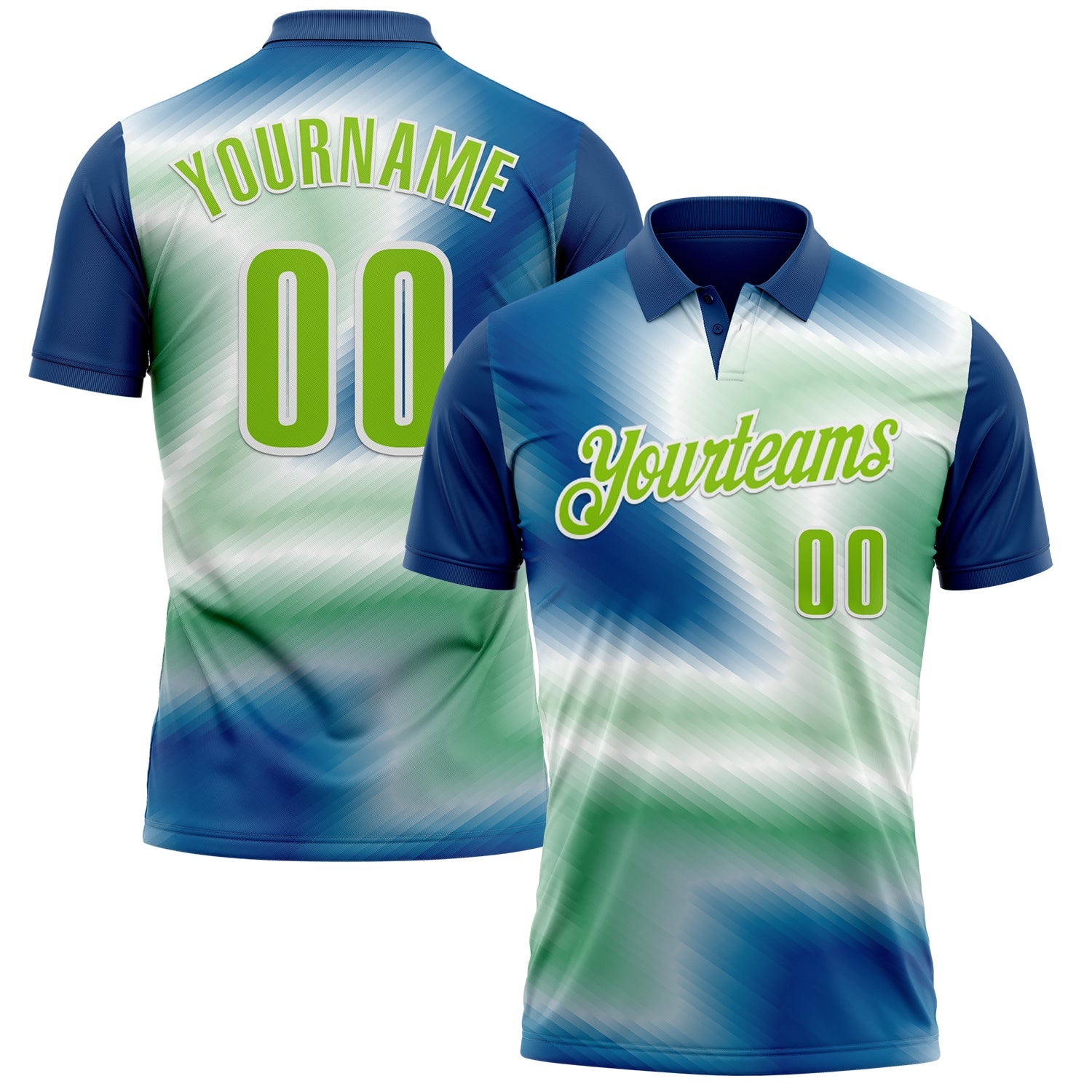 Custom Shadow Blue Neon Green-White 3D Bowling Line Performance Polo Shirt - Main View