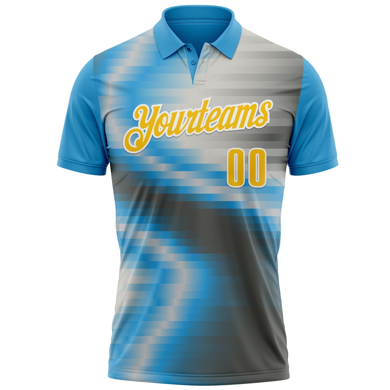 Custom Sky Blue Yellow-Steel Gray 3D Bowling Line Performance Polo Shirt view 2