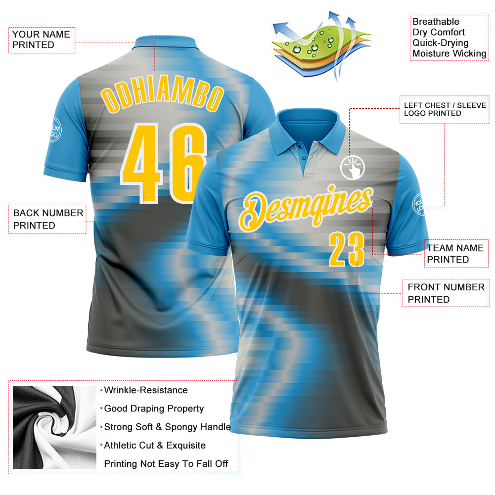 Custom Sky Blue Yellow-Steel Gray 3D Bowling Line Performance Polo Shirt view 3