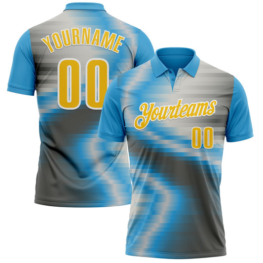 Custom Sky Blue Yellow-Steel Gray 3D Bowling Line Performance Polo Shirt - Main View