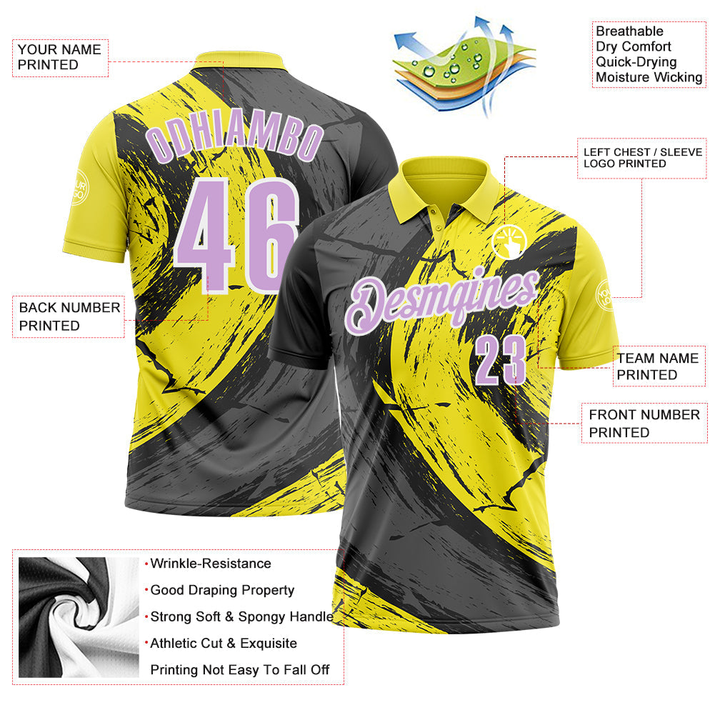 Custom Light Yellow Light Purple-Steel Gray 3D Bowling Splash Ink Performance Polo Shirt view 3