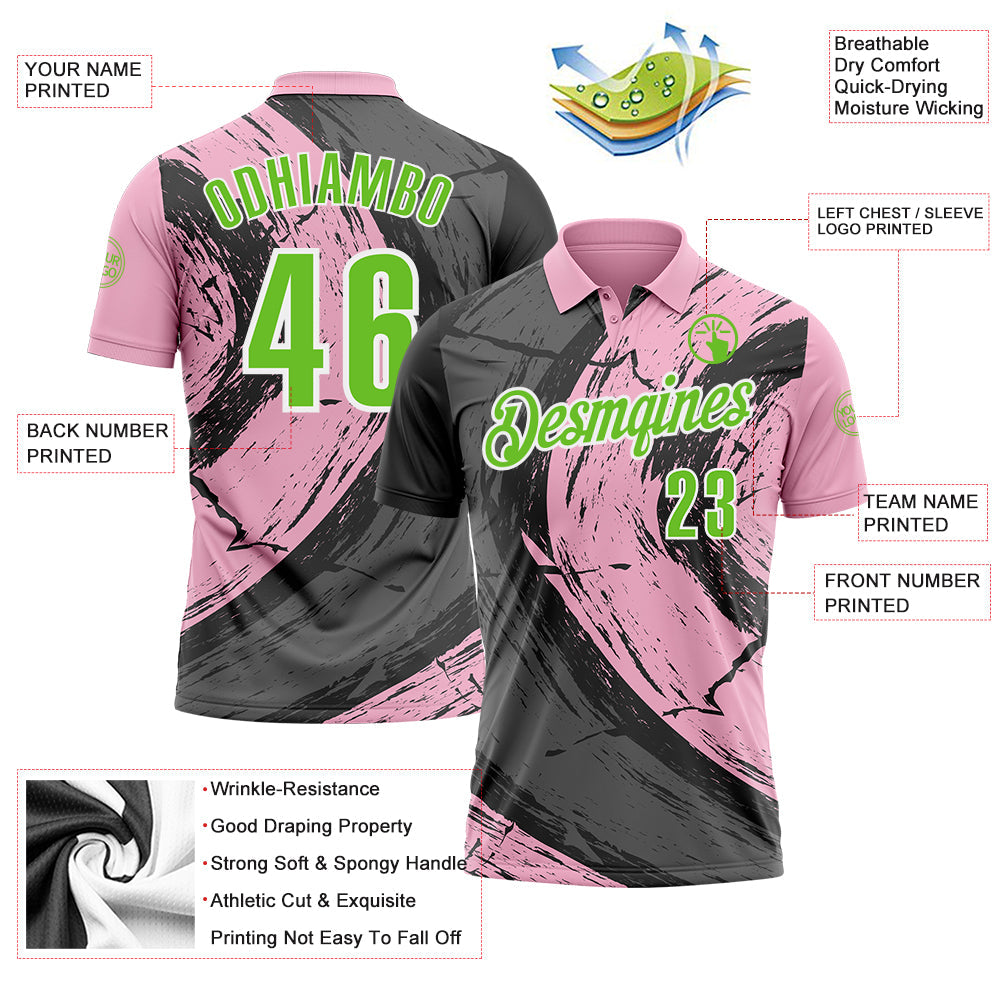 Custom Light Pink Aurora Green-Steel Gray 3D Bowling Splash Ink Performance Polo Shirt view 3