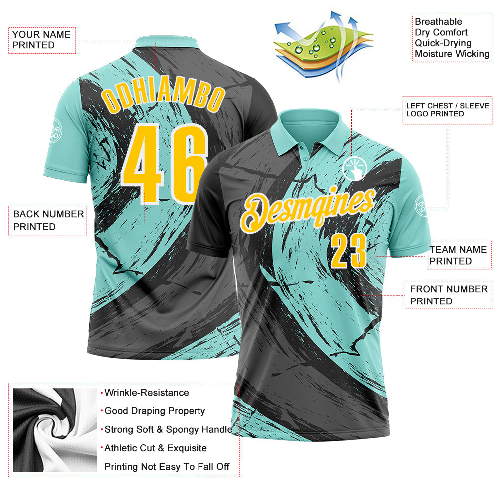 Custom Ice Blue Yellow-Steel Gray 3D Bowling Splash Ink Performance Polo Shirt view 3