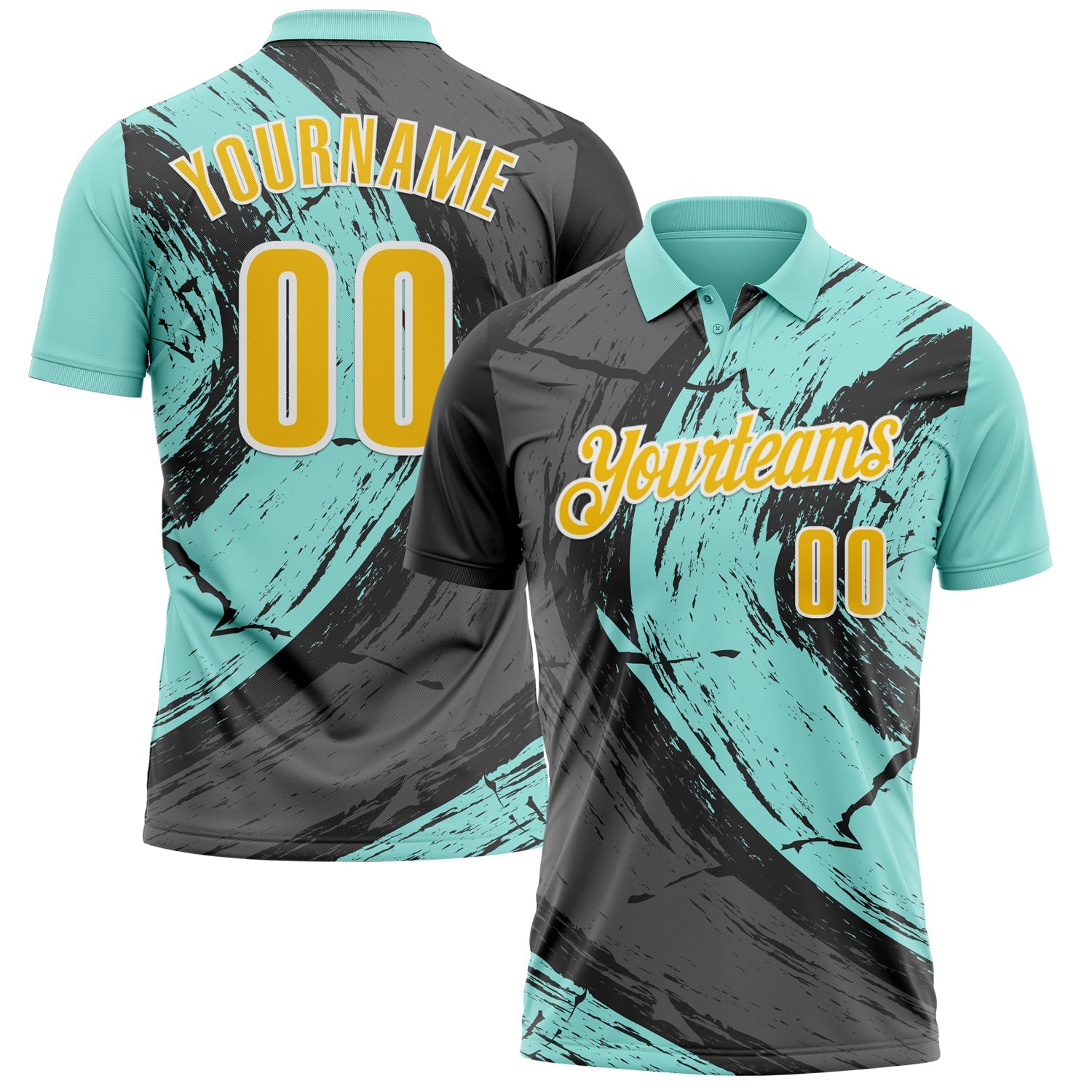 Custom Ice Blue Yellow-Steel Gray 3D Bowling Splash Ink Performance Polo Shirt - Main View