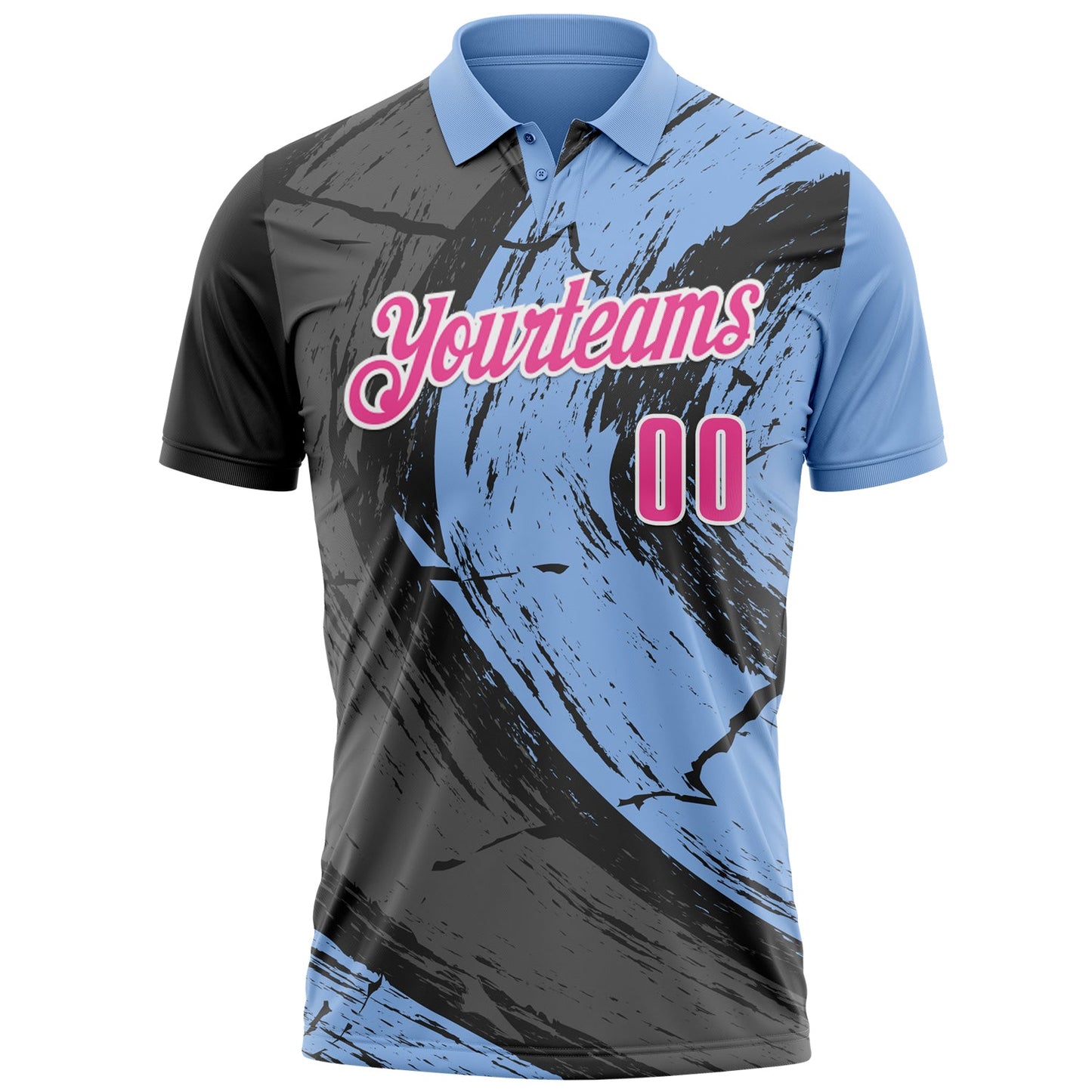 Custom Light Blue Pink-Steel Gray 3D Bowling Splash Ink Performance Polo Shirt view 2