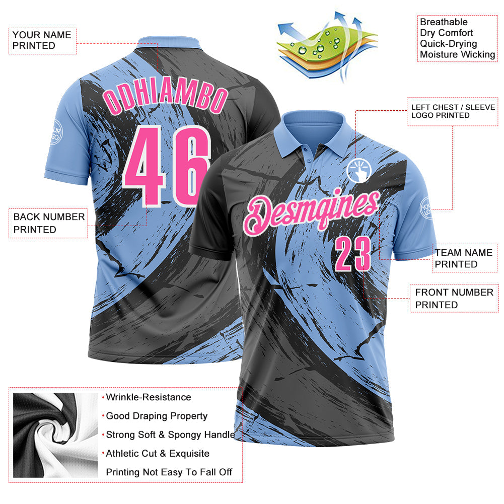 Custom Light Blue Pink-Steel Gray 3D Bowling Splash Ink Performance Polo Shirt view 3